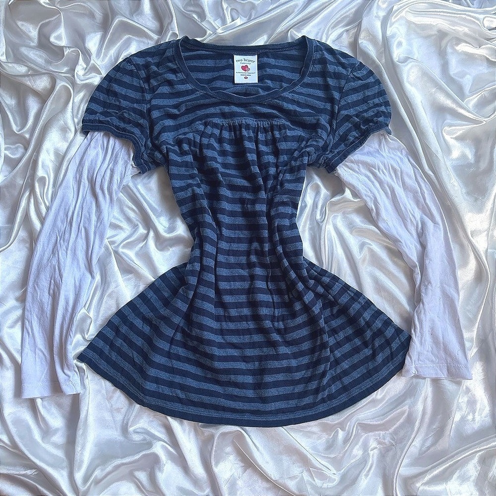 y2k Striped Layered Maternity Top Blue Empire Waist Long Sleeve M